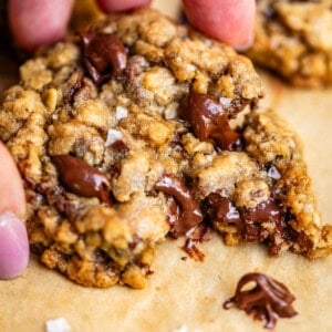 hand holding a baked oatmeal chocolate chip cookie with a bite taken from it.