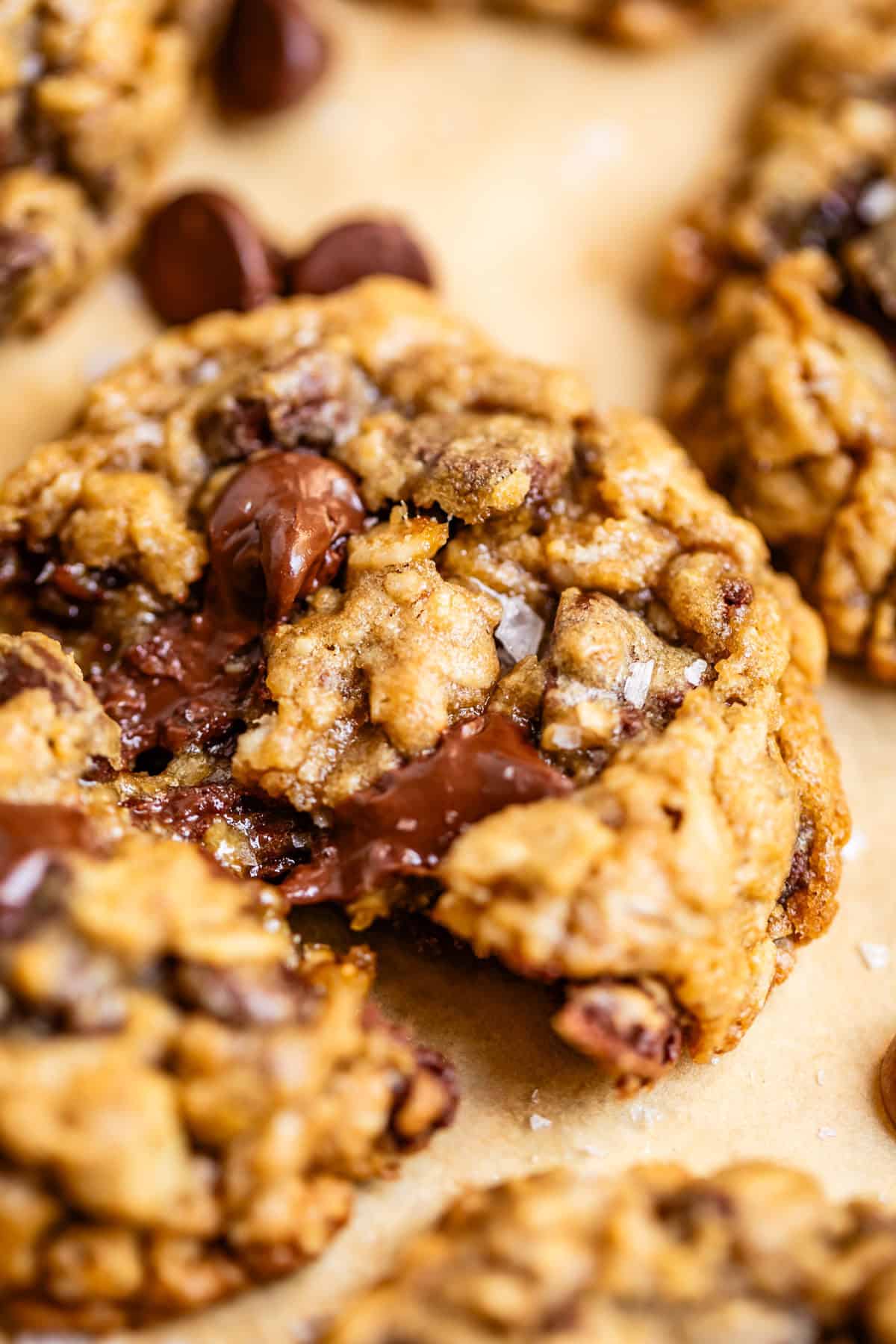 a gooey melty oatmeal chocolate chip cookie with flaky sea salt on top.