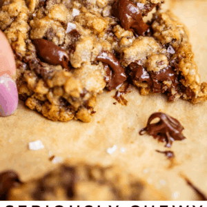pinterest image of cookies with text "seriously chewy oatmeal chocolate chip cookies".