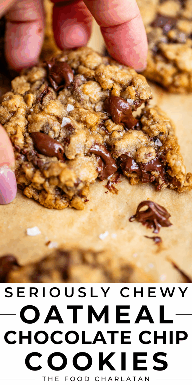 pinterest image of cookies with text "seriously chewy oatmeal chocolate chip cookies".