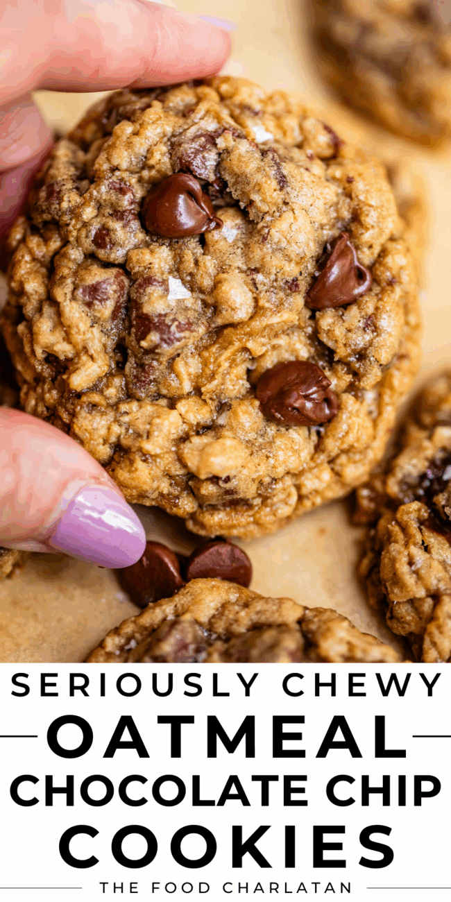 pinterest image of cookies with text "seriously chewy oatmeal chocolate chip cookies".
