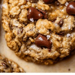 pinterest image of a cookie with text "the literal best oatmeal chocolate chip cookies".