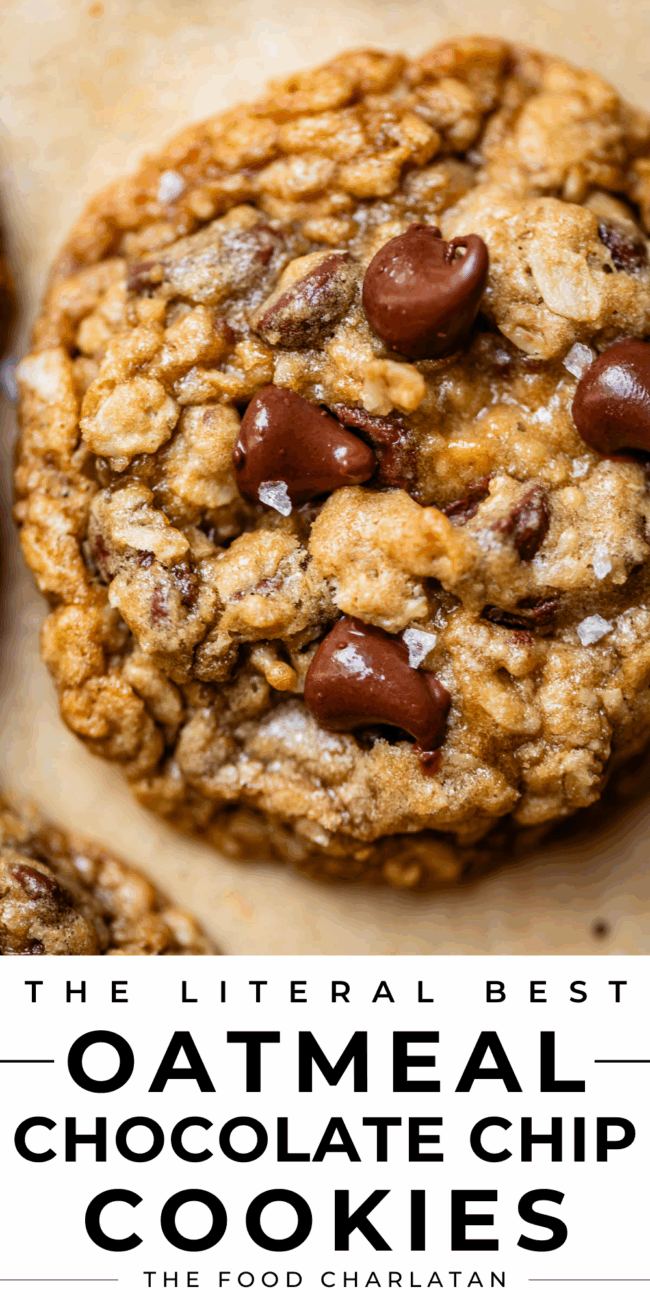 pinterest image of a cookie with text "the literal best oatmeal chocolate chip cookies".