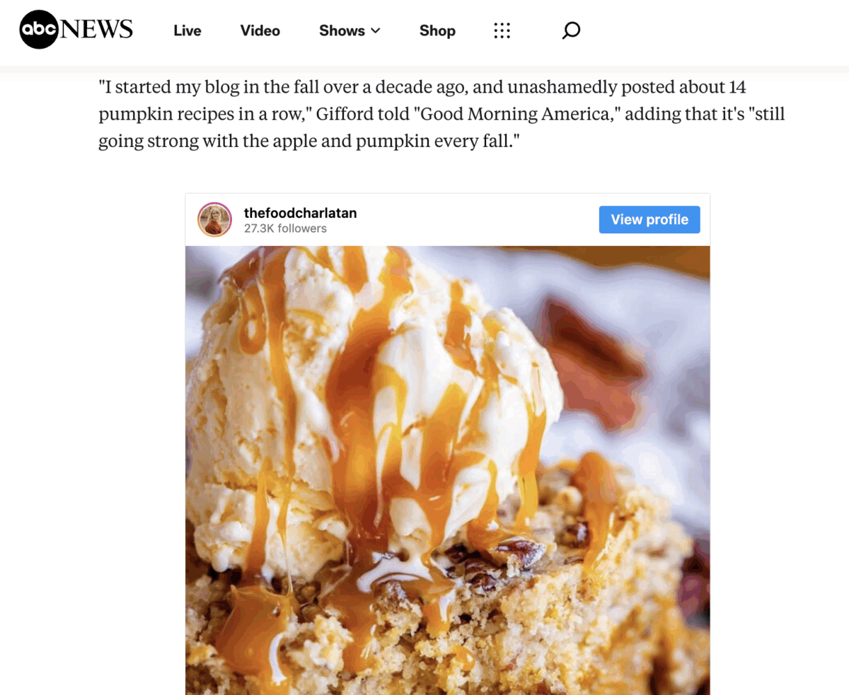 The Food Charlatan featured on ABC News's Good Morning America site in a screenshot.