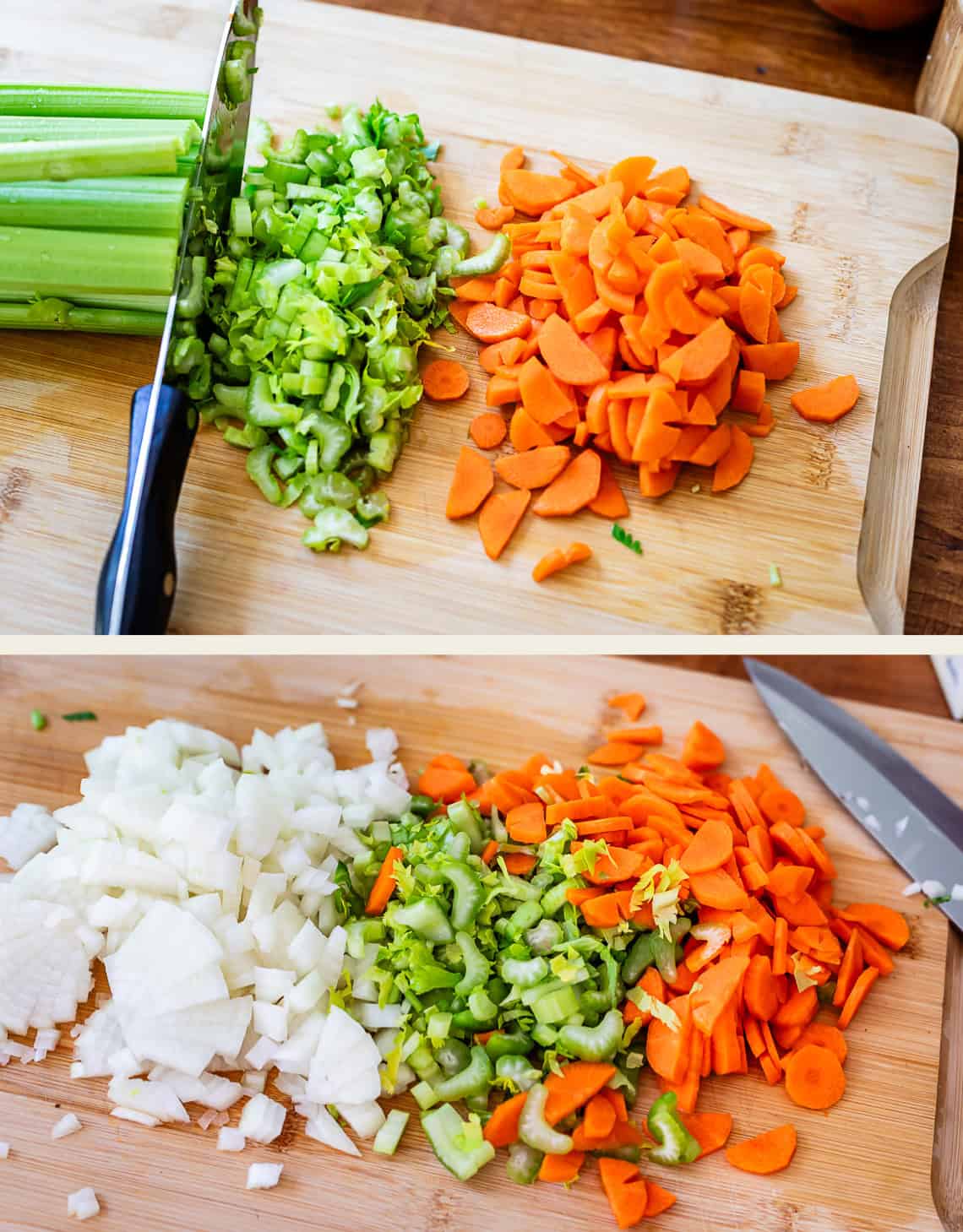 top: knife chopping celery on cutting board, bottom: chopped onion, celery, and carrots.