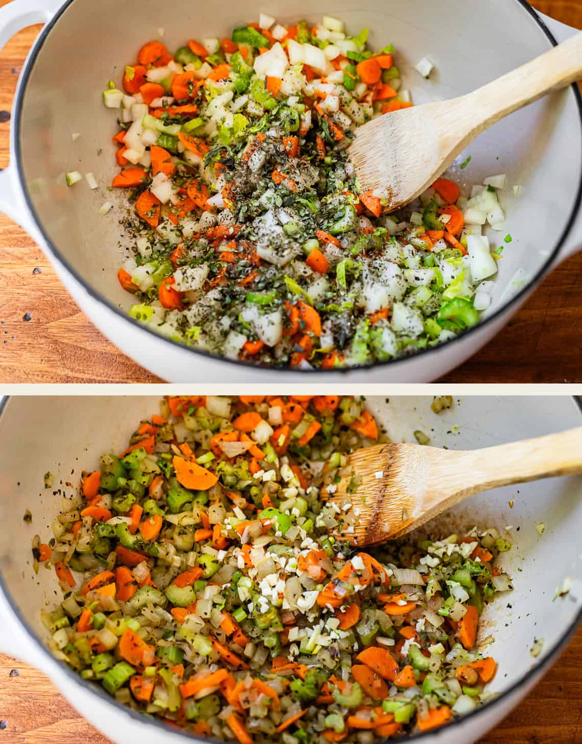 top: spices dumped on veggies in pot, bottom: adding garlic to blend in the pot.