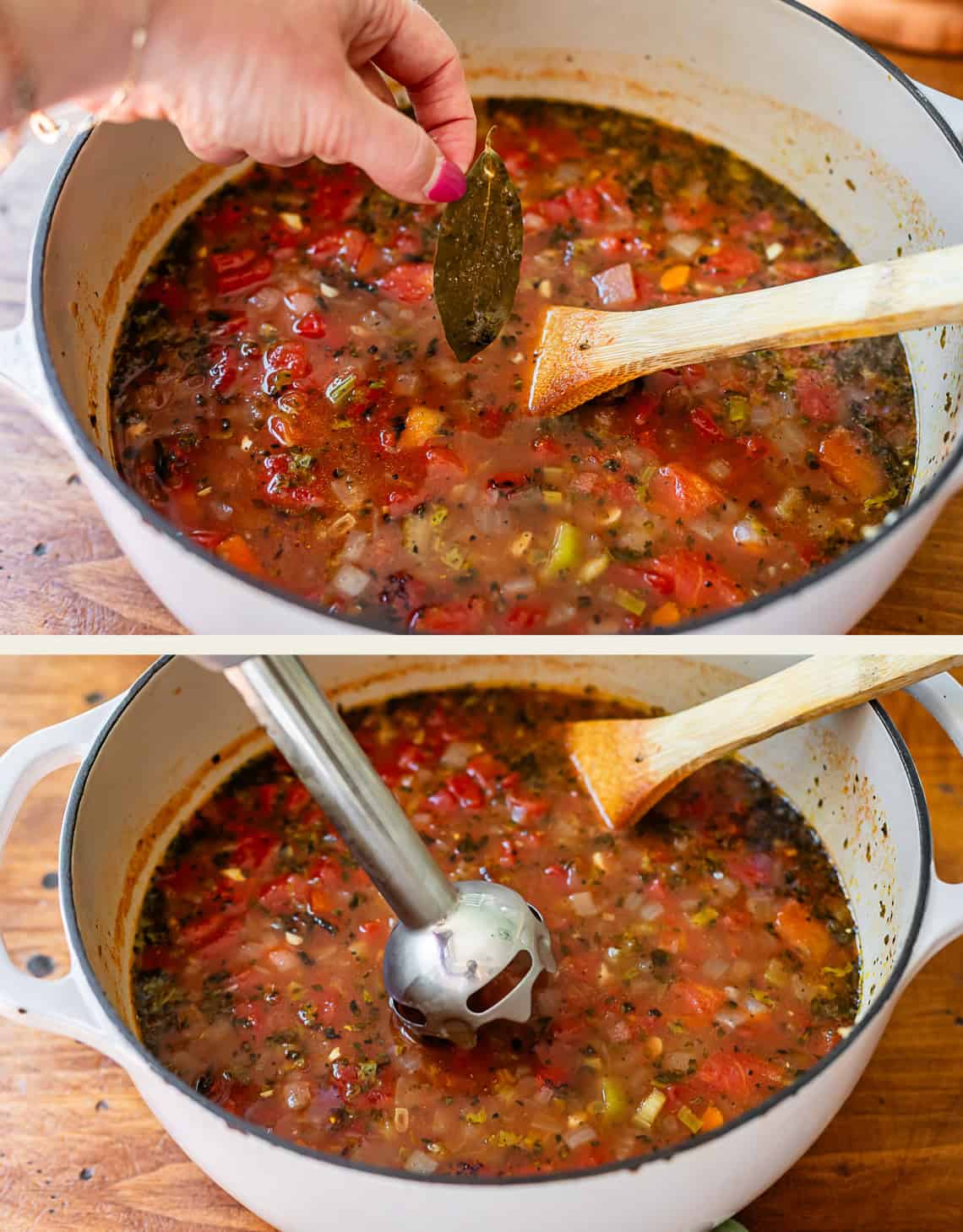 top: hand removing bay leaf from pot, bottom: immersion blender going into the soup.