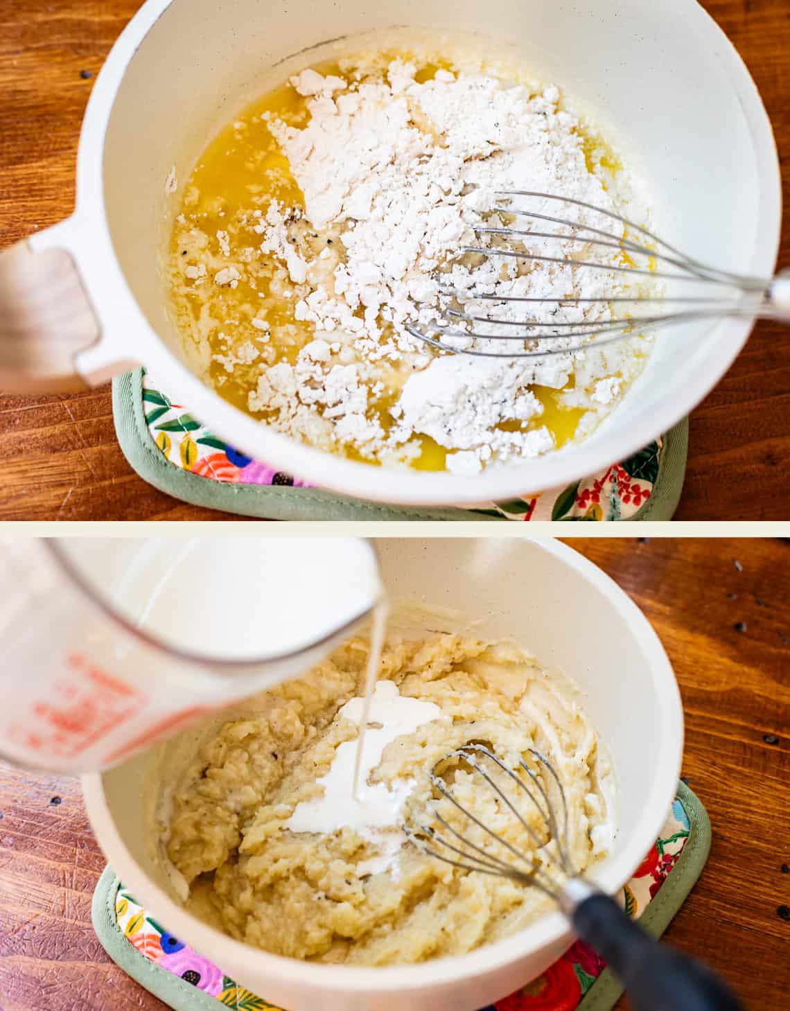 top: flour added to melted butter in pan, bottom: adding milk to roux.