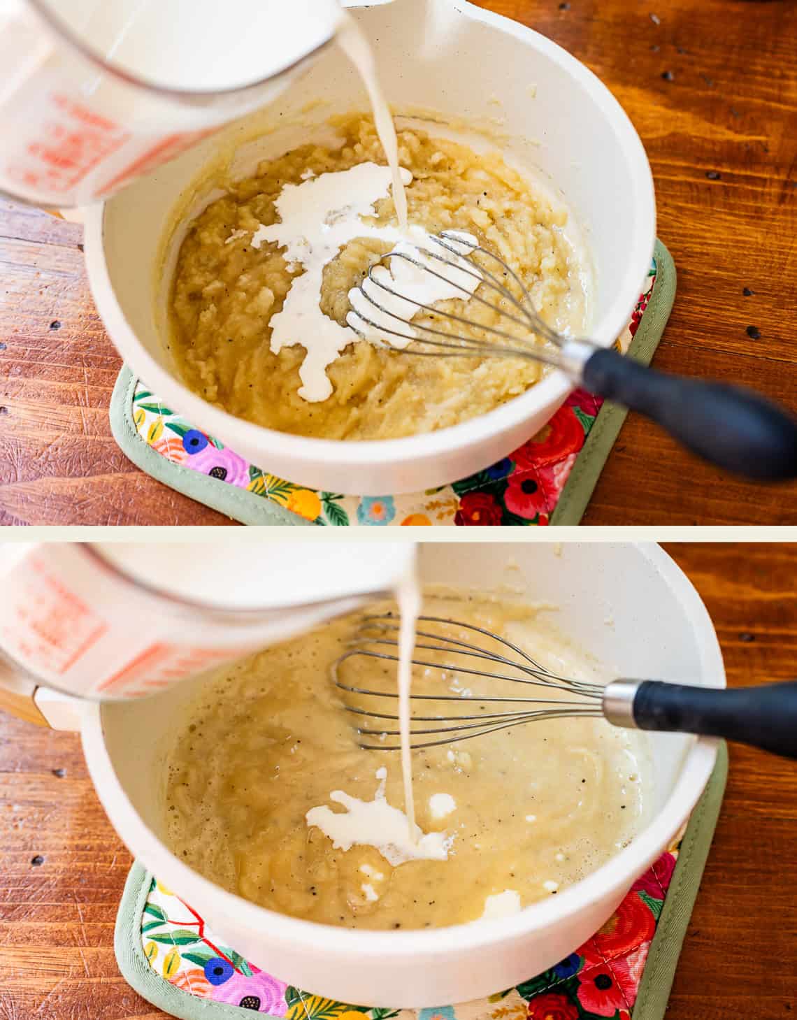 top: adding more milk to the pot, bottom: adding even more milk.