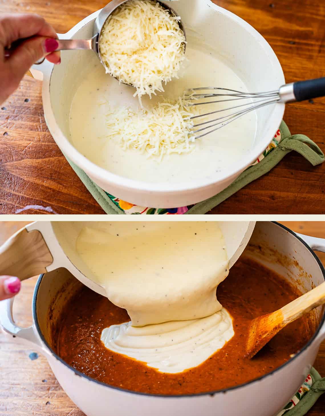 top: adding parmesan cheese to white sauce, bottom: adding white sauce into the soup.