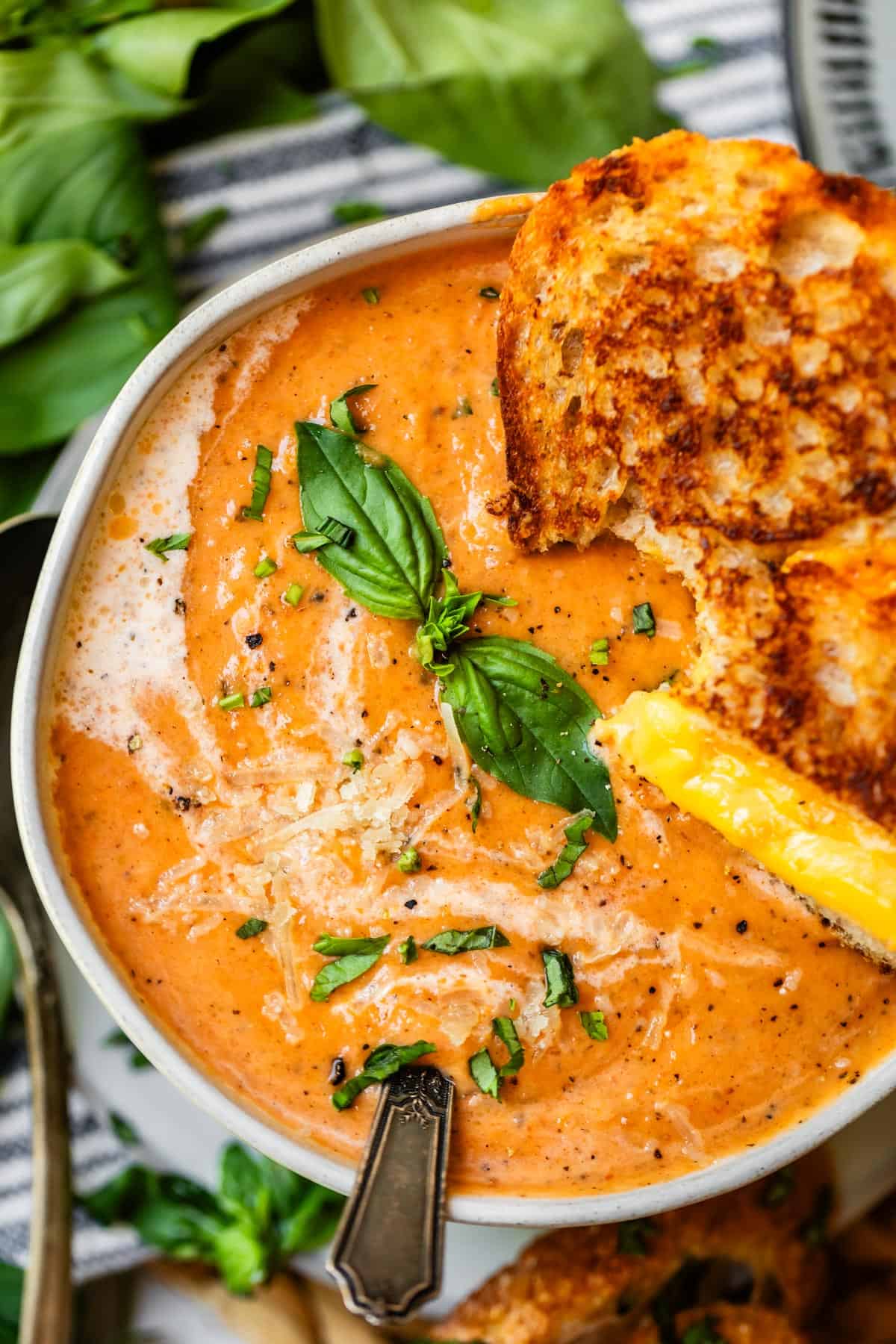 ceramic bowl of tomato bisque garnished with cream, basil, and grilled cheese.