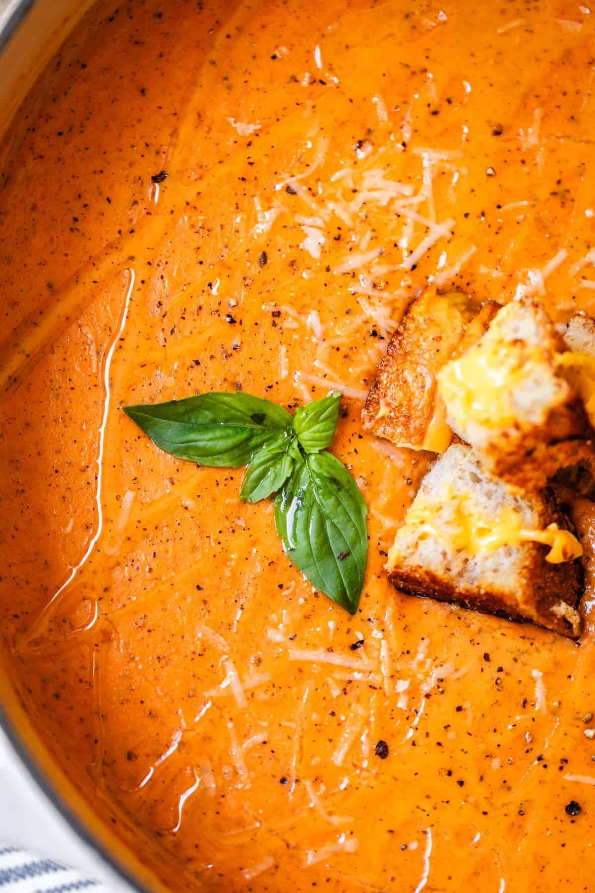 close up of tomato bisque soup garnished with basil, croutons, and cheese.