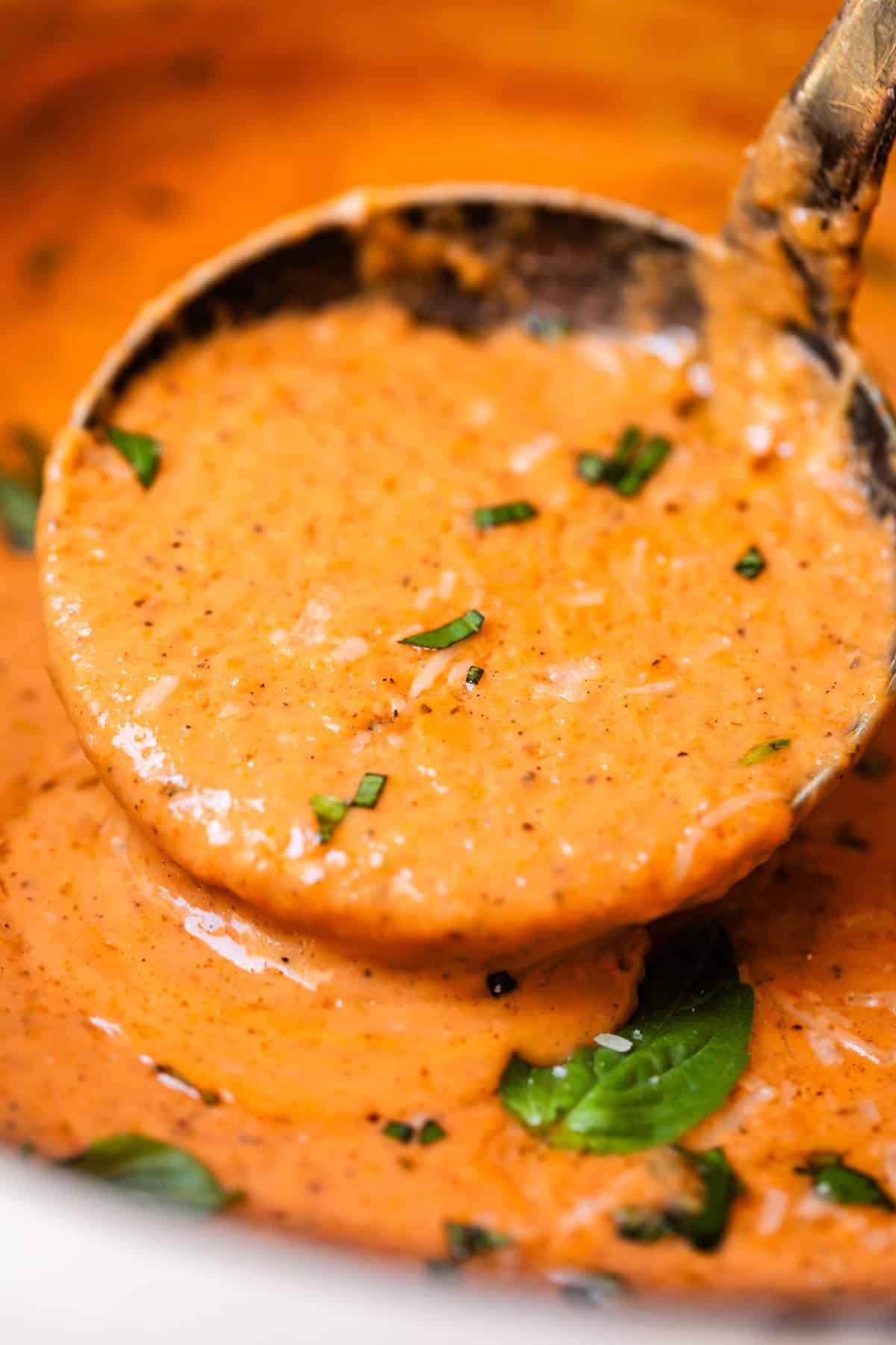 metal ladle full of of tomato bisque soup garnished with basil and cheese.