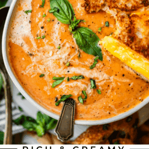 pinterest image of tomato soup with text "rich & creamy tomato bisque soup".