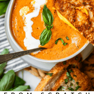 pinterest image of tomato soup with text "from scratch tomato bisque soup".