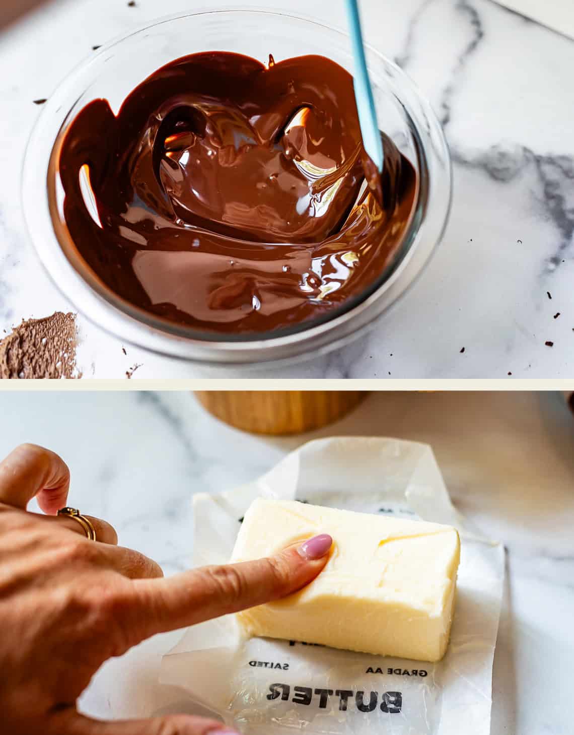 top: melted chocolate in glass bowl, bottom: finger pressing into soft butter.