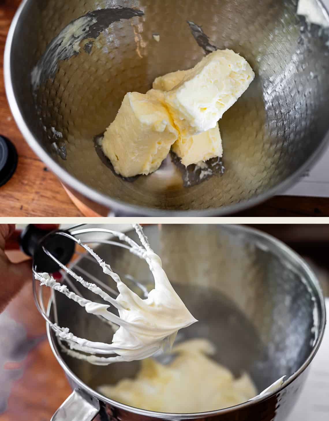 top: softened butter in mixing bowl, bottom: whipped butter on end of whisk attachment.