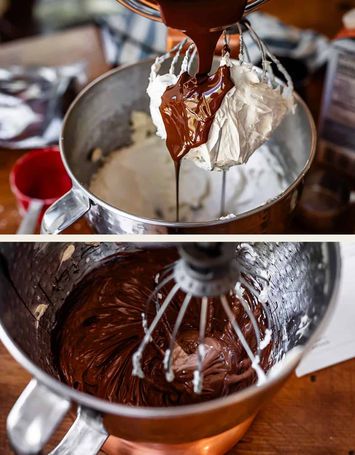 top: pouring chocolate into mixer, bottom: mixer beating the chocolate into the butter mixture.