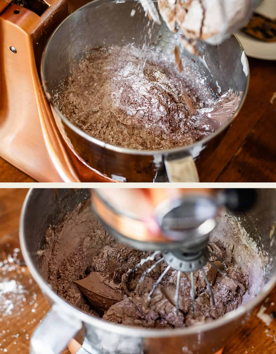 top: dumping dry ingredients into mixer, bottom: mixer stirring all ingredients together.
