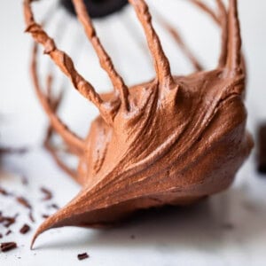 creamy chocolate frosting on the end of a whisk attachment off the mixer.
