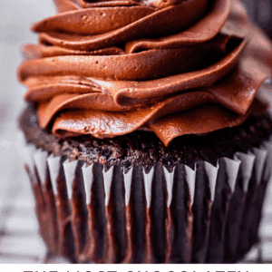 pinterest image of frosting with text "the most chocolatey chocolate butter cream frosting".