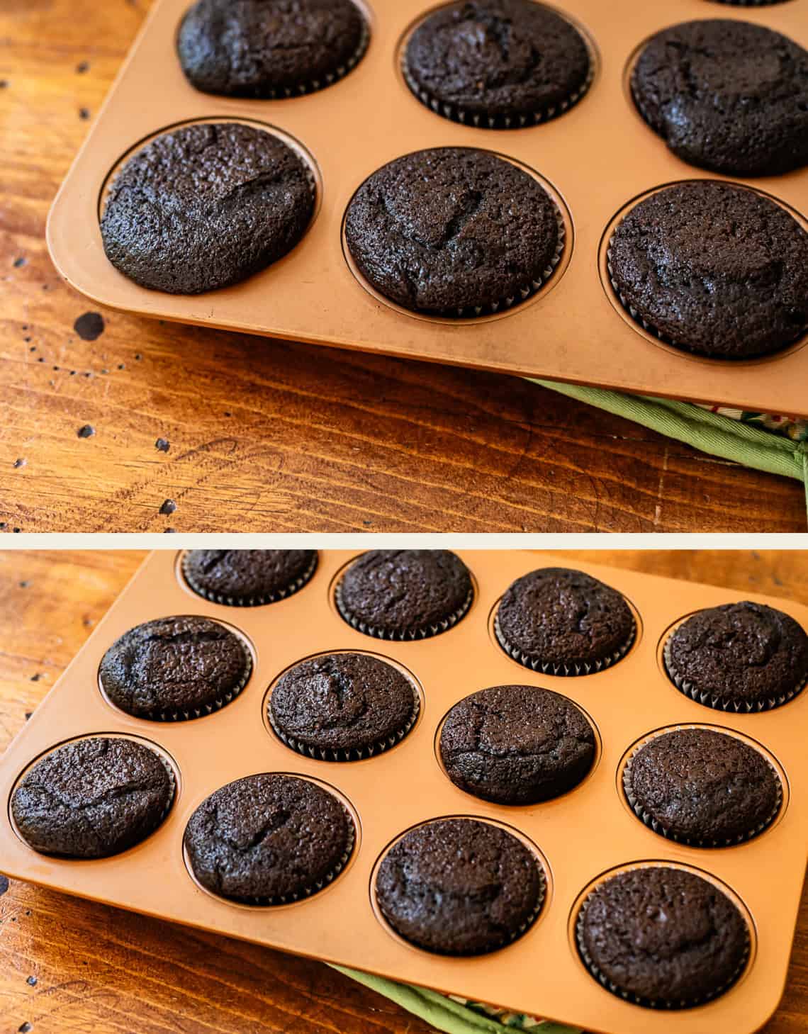 top: perfectly round cupcakes in tin close up, bottom: same but from further back.