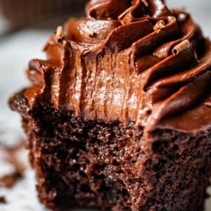 chocolate cupcake topped with piped chocolate frosting with a huge bite take from it.