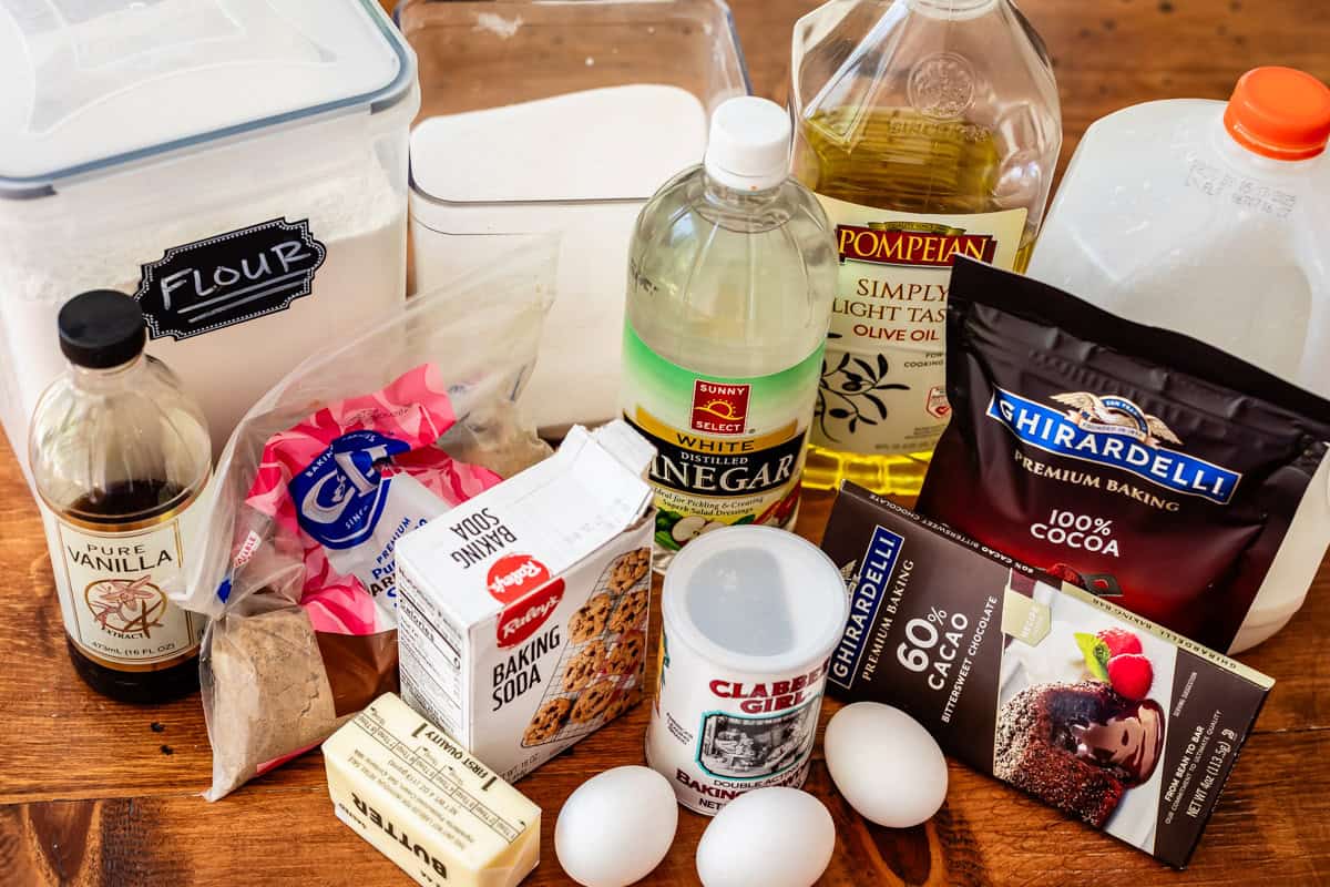 ingredients for chocolate cupcakes like 60% chocolate bar, cocoa powder, butter, etc.