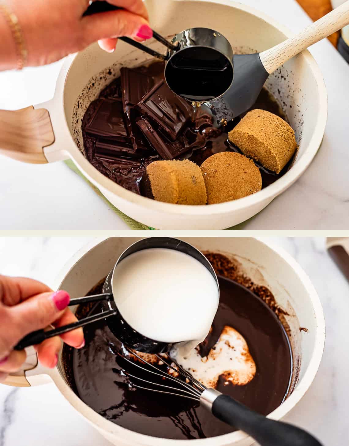 top: adding melted chocolate and brown sugar, bottom: adding milk.