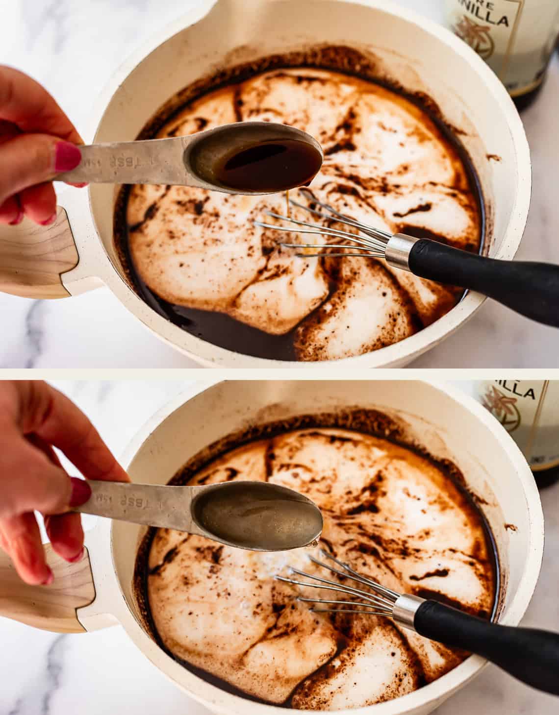 top: adding vanilla to pot, bottom: adding vinegar to pot.