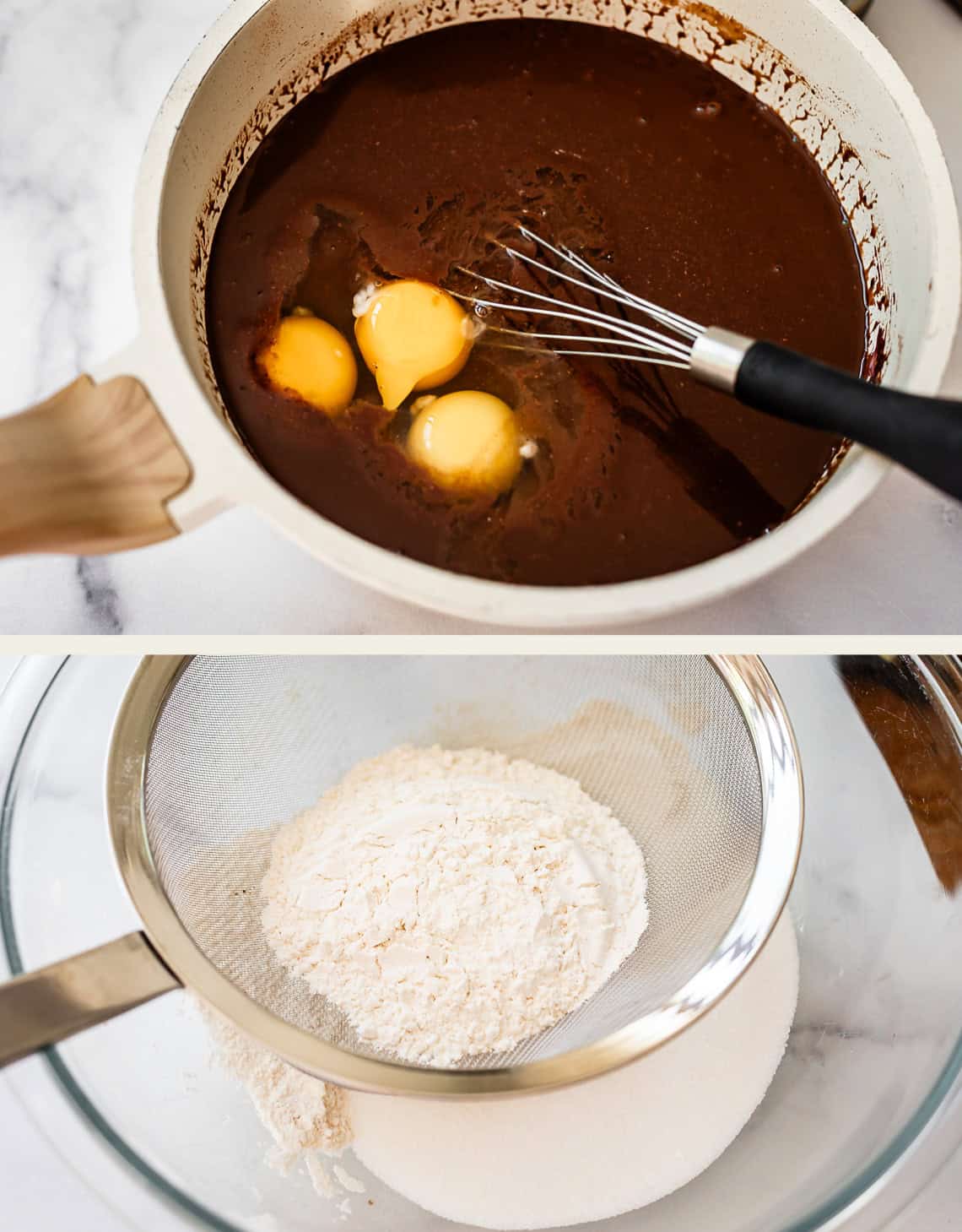 top: eggs in the mixing bowl with mixture, bottom: sifting dry ingredients.