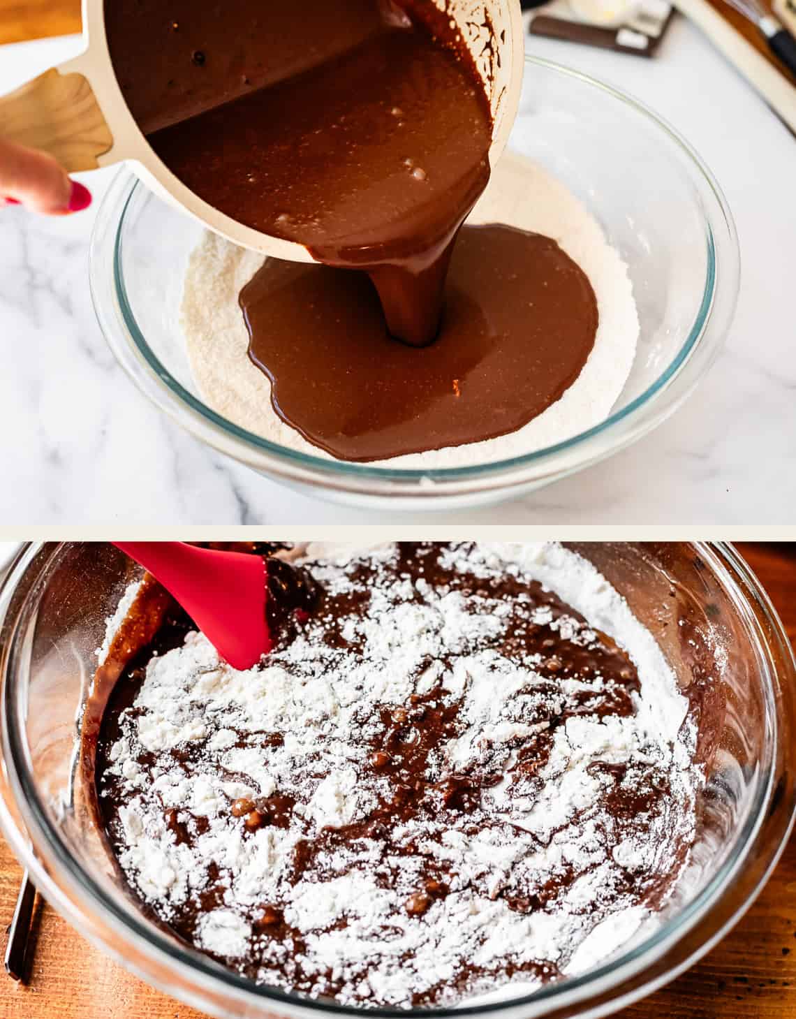 top: pouring chocolate mix into dry ingredients, bottom: mixing them together.