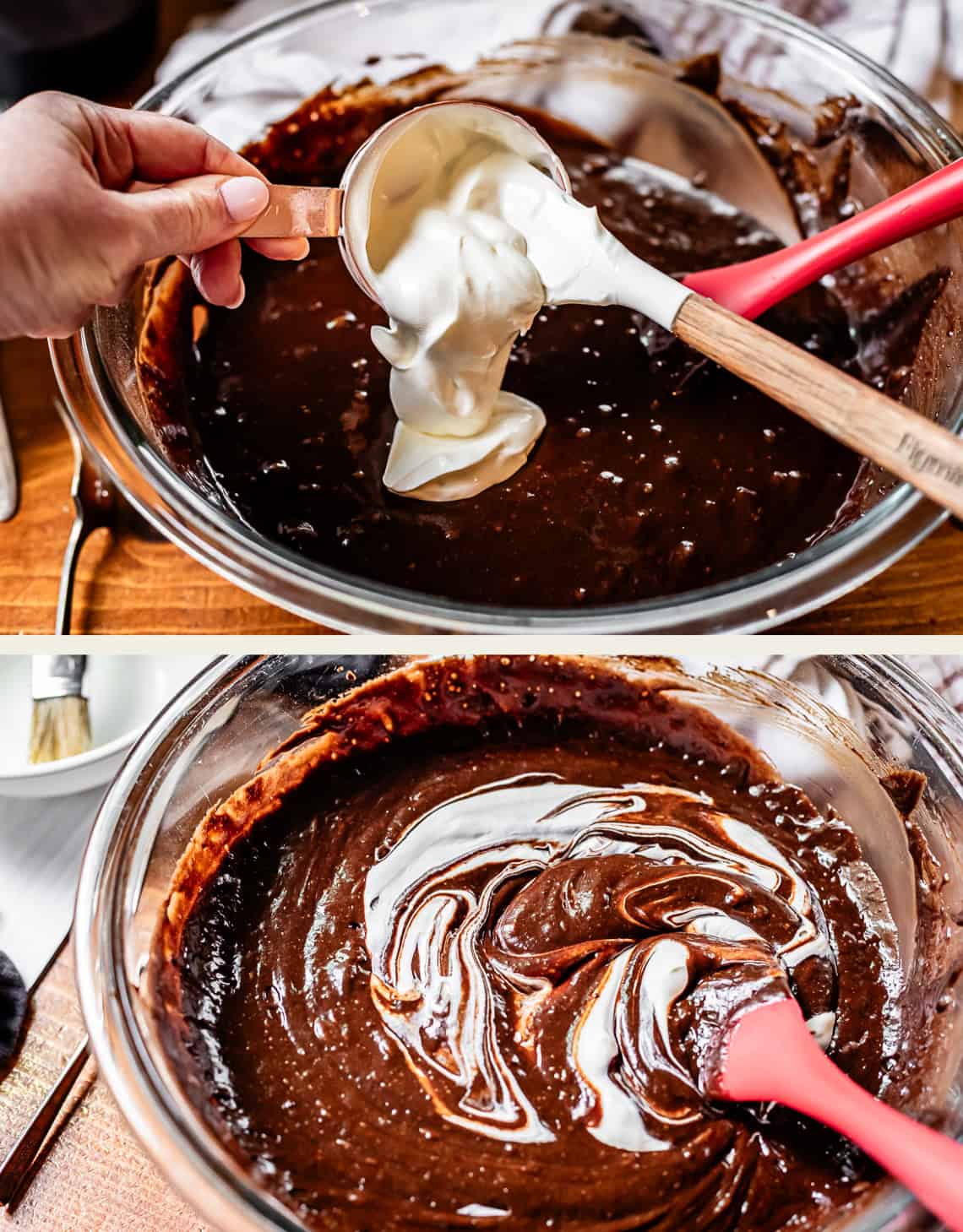 top: adding sour cream to batter, bottom: stirring in the sour cream.