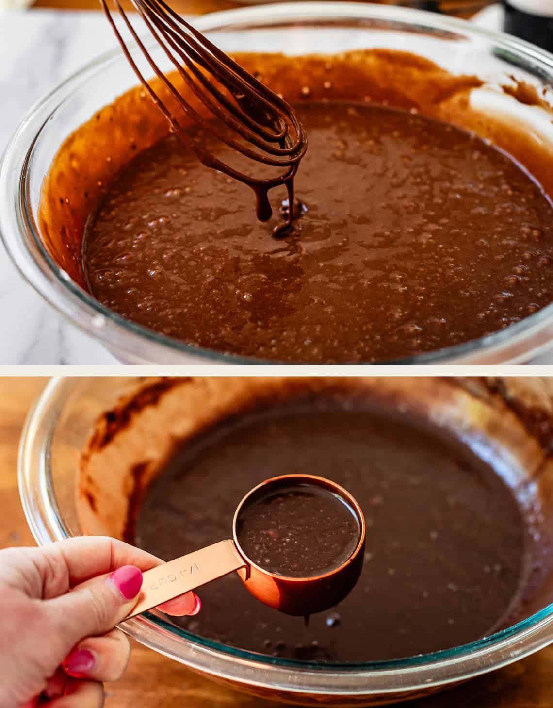 top: whisk showing thickness of batter, bottom: quarter cup of batter not quite full.