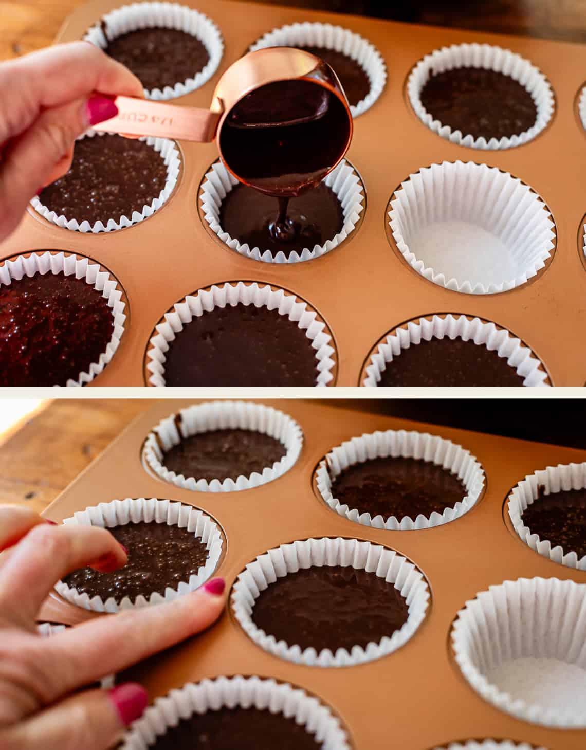 top: pouring quarter cup batter into liners, bottom: showing amount of space to leave in liner.