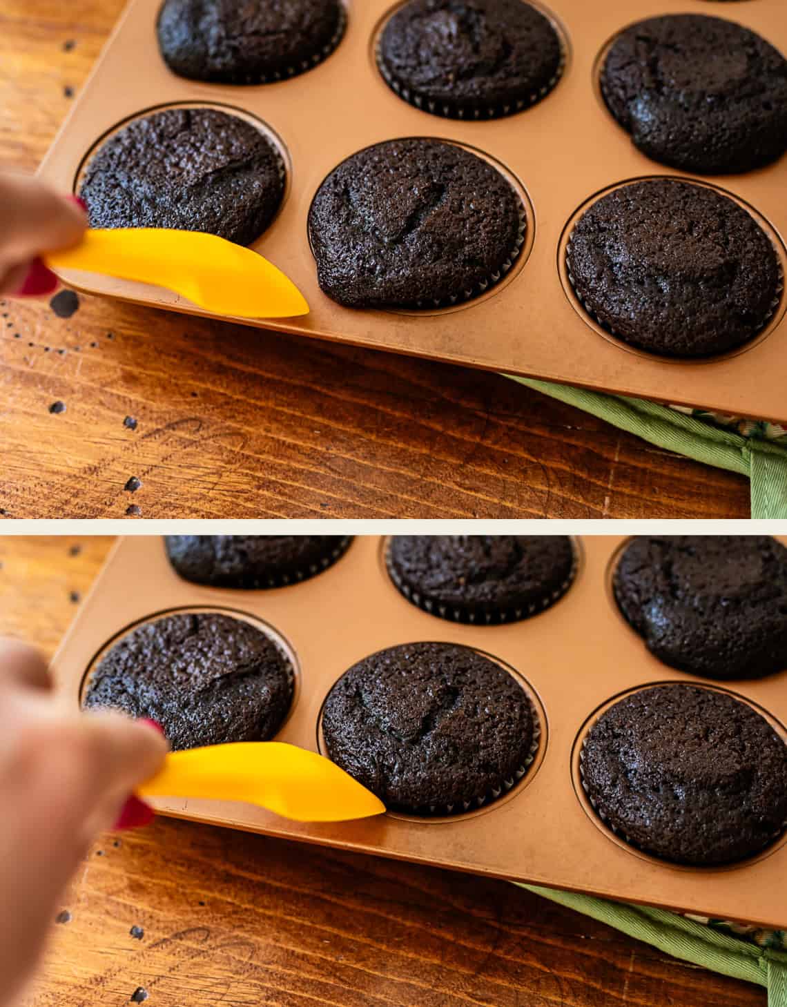 top: baked cupcake with a lump on the side, bottom: spatula being used to reshape the cupcake.