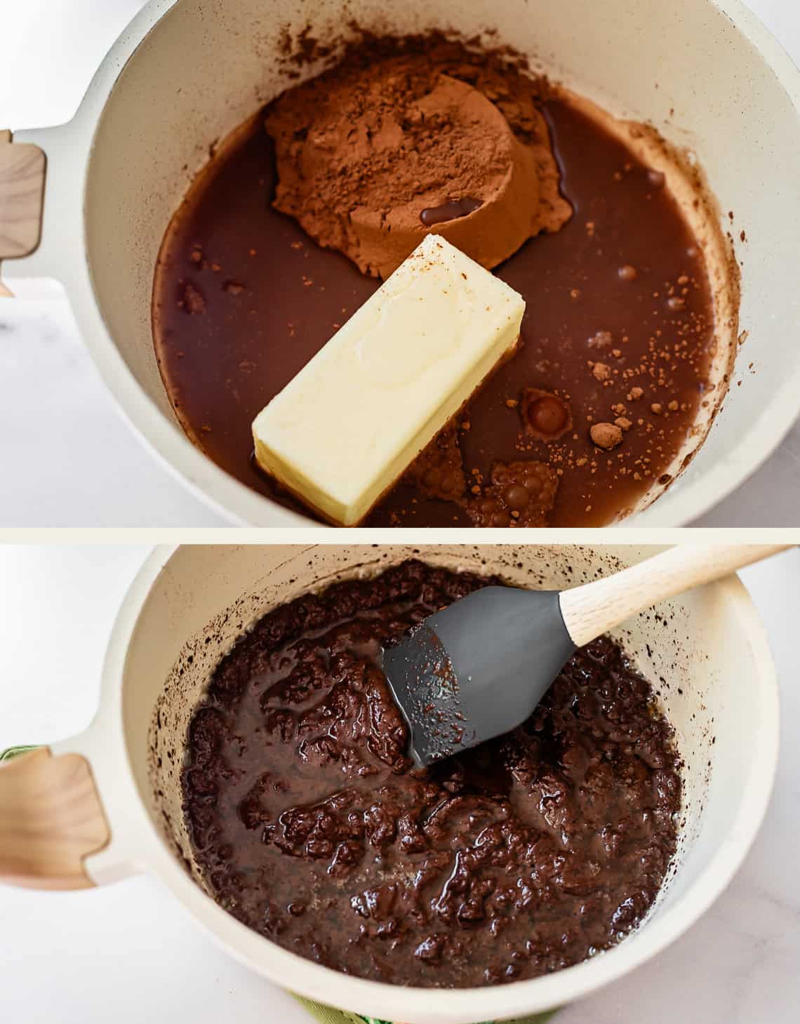 top: butter and cocoa powder in pot, bottom: all melted together in pot.