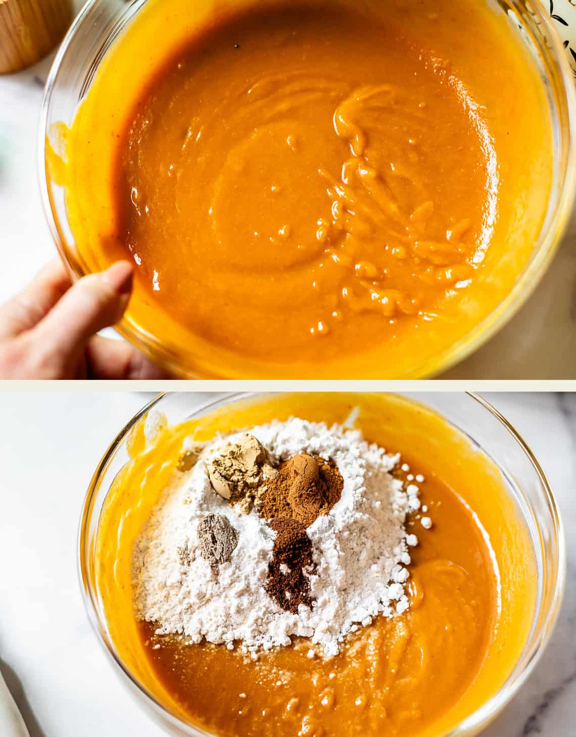 top: wet ingredients mixed in glass bowl, bottom: dry ingredients added in pile on top.