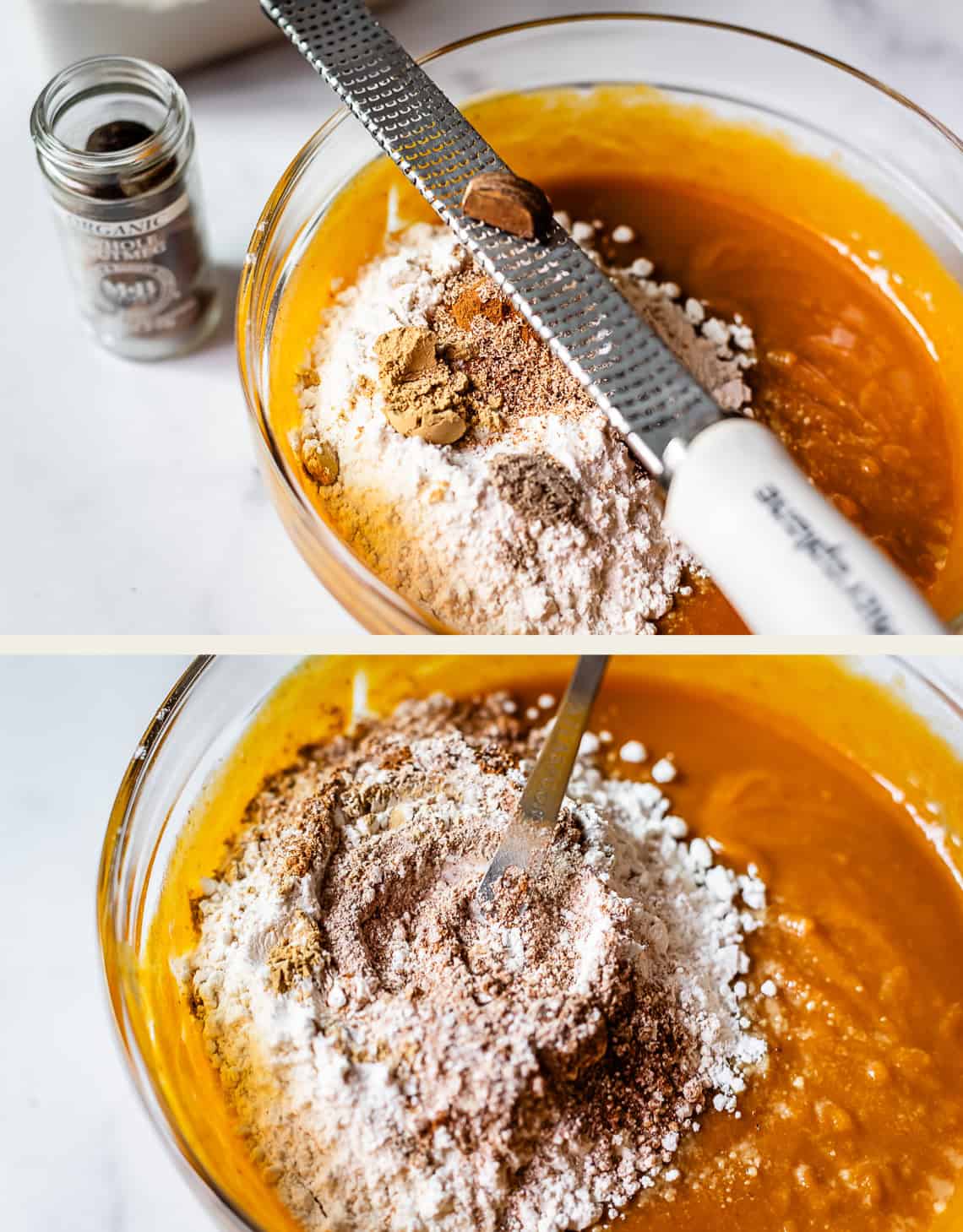 top: nutmeg on microplane grater, bottom: using teaspoon to mix all dry ingredients.