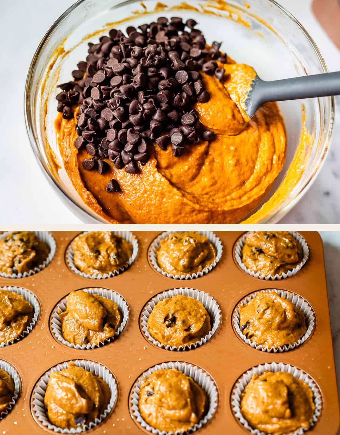 top: chocolate chips in batter ready to be mixed, bottom: batter in muffin tin ready to bake.