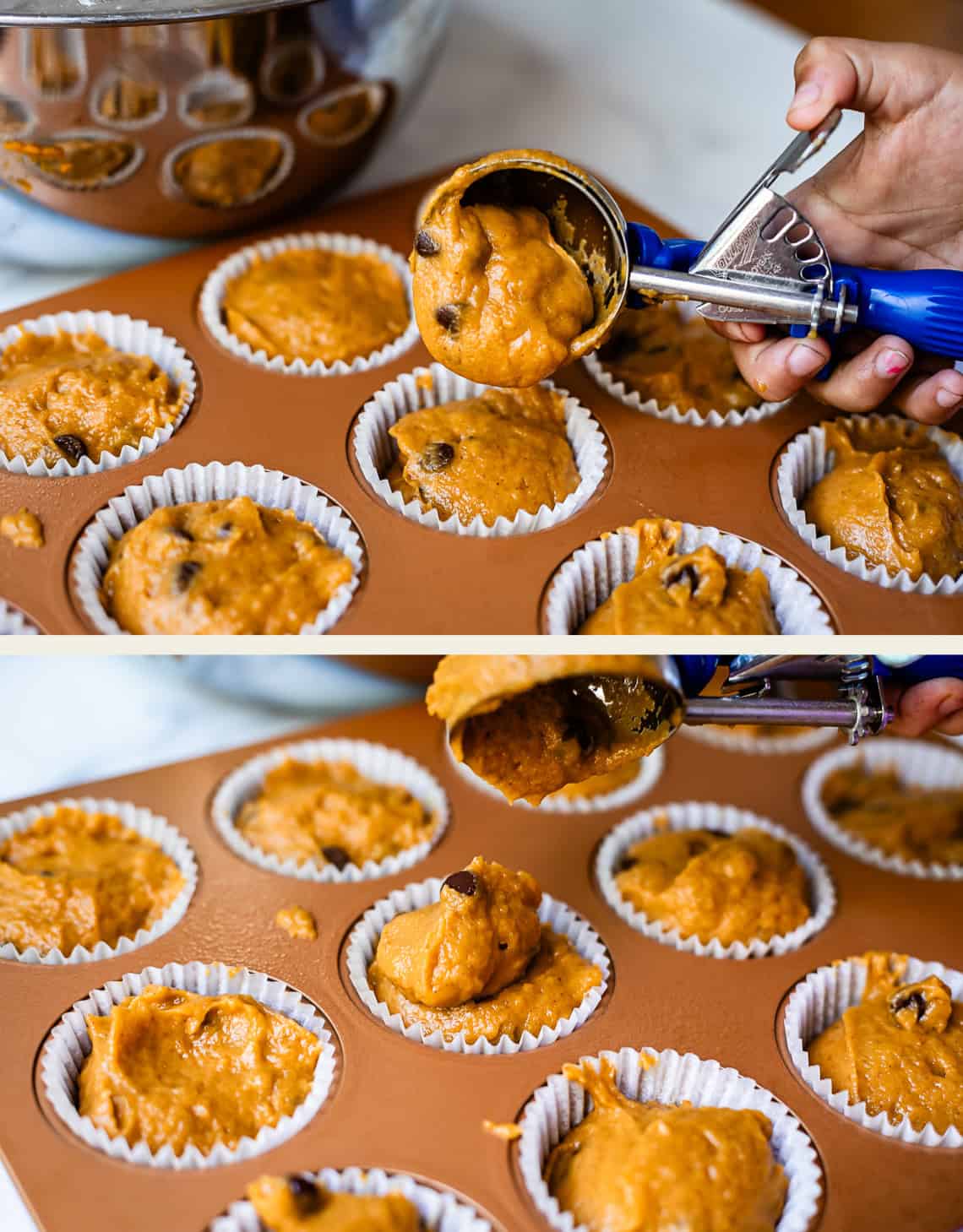 scooping muffin batter into lined muffin tin