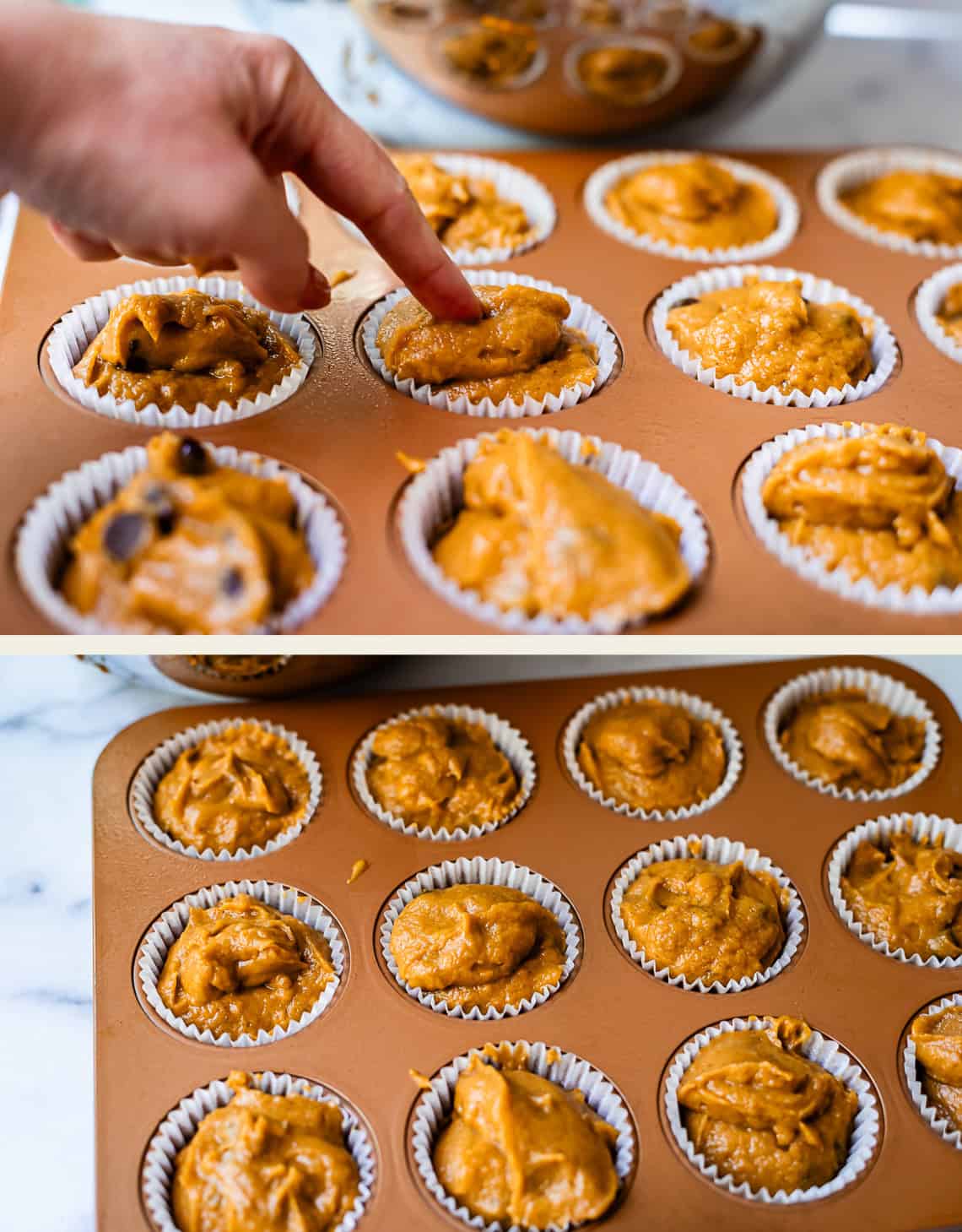 pressing chocolate chips down into muffin batter in pan.