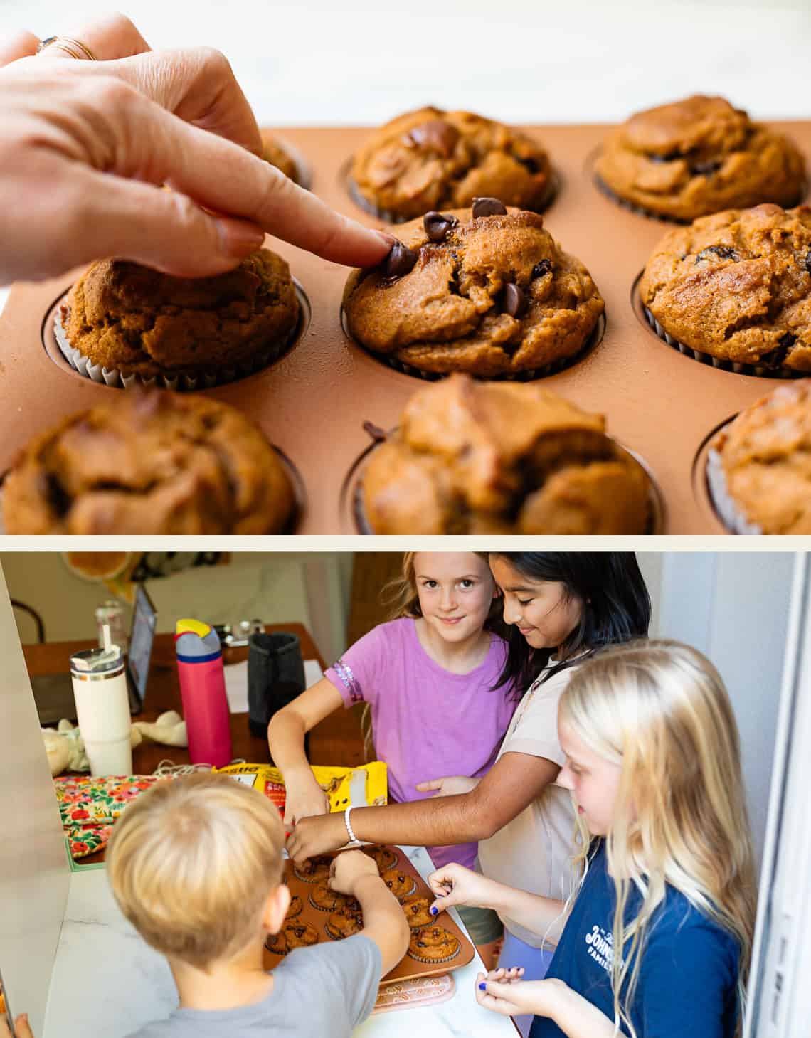 pressing a chocolate chip into a muffin, another picture of children adding chocolate chips.