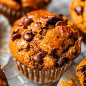 close up of a chocolate chip pumpkin muffin still in its liner on a cooling rack.