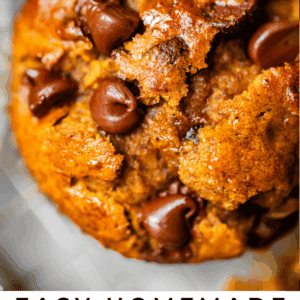 pinterest image of a muffin with text "easy homemade pumpkin chocolate chip muffins".