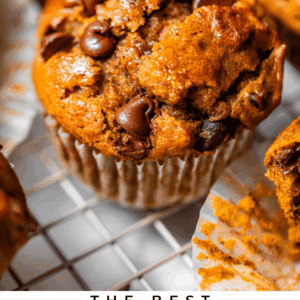 pinterest image of a muffin with text "the best pumpkin chocolate chip muffins of your life".