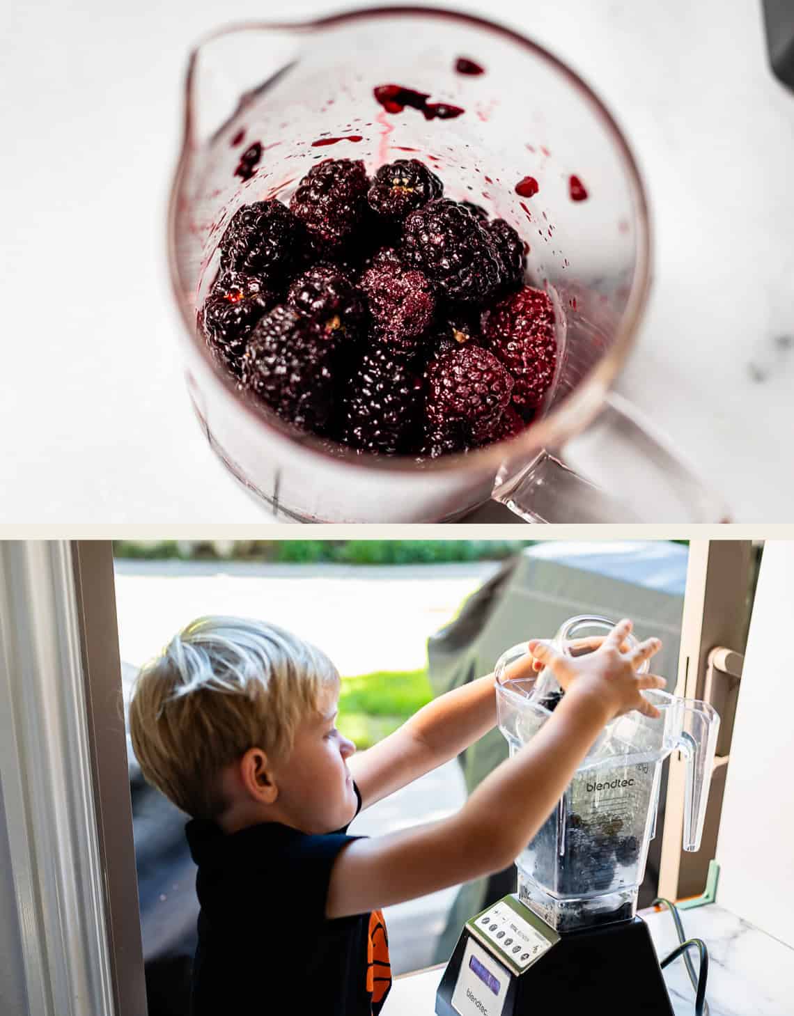 Top: Close-up of blackberries in a measuring cup. Bottom: Young boy placing the cup of blackberries into a blender on a kitchen counter near a bright window.