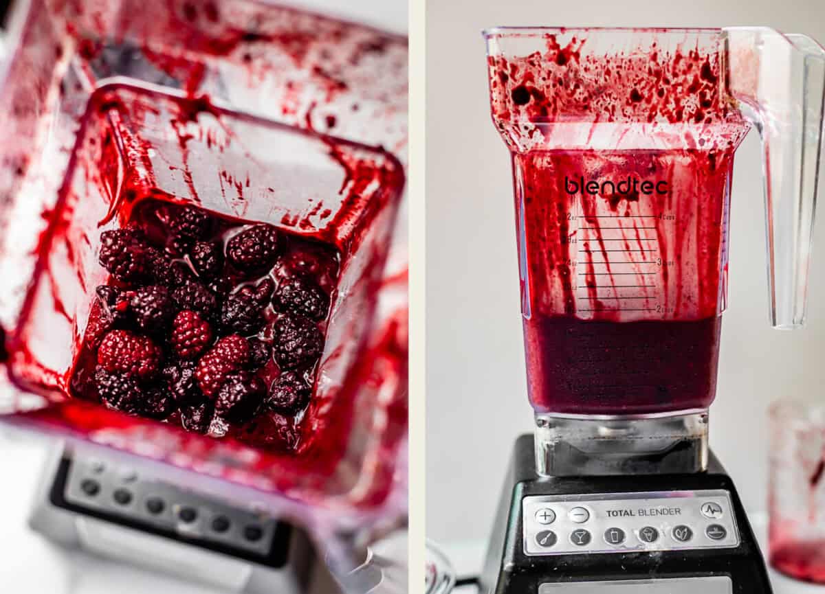 Two images of a blender: the left shows frozen mixed berries inside, and the right shows the berries blended into a smooth, dark red mixture, with the blender jar covered in berry splatters.