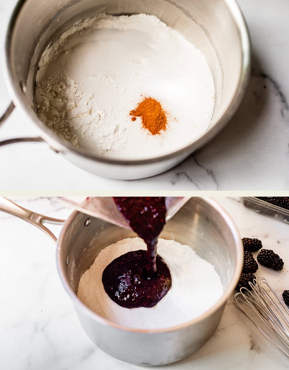 Top: A metal mixing bowl with flour and a small mound of cinnamon. Bottom: A thick, dark purple blackberry mixture being poured into the dry ingredients in the same bowl, with fresh blackberries and whisks nearby on a marble counter.