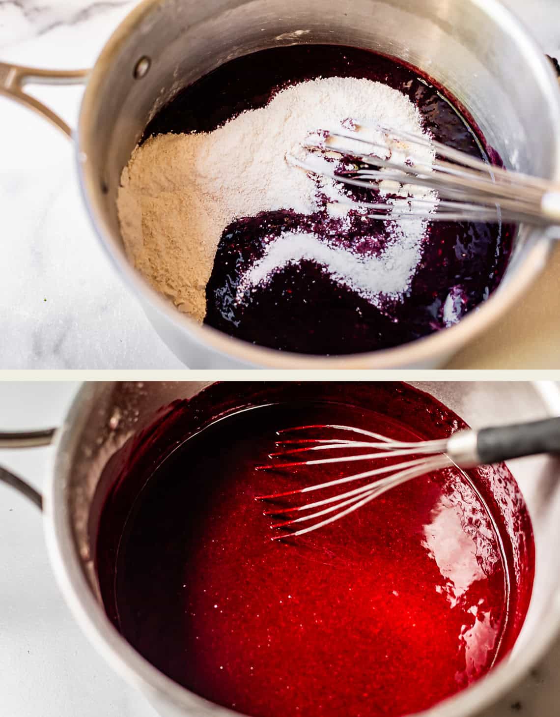 Two photos show a metal pot on a counter. In the first, a whisk mixes a dark purple liquid with flour. In the second, the mixture is smooth and bright red, with the whisk resting in the glossy liquid.